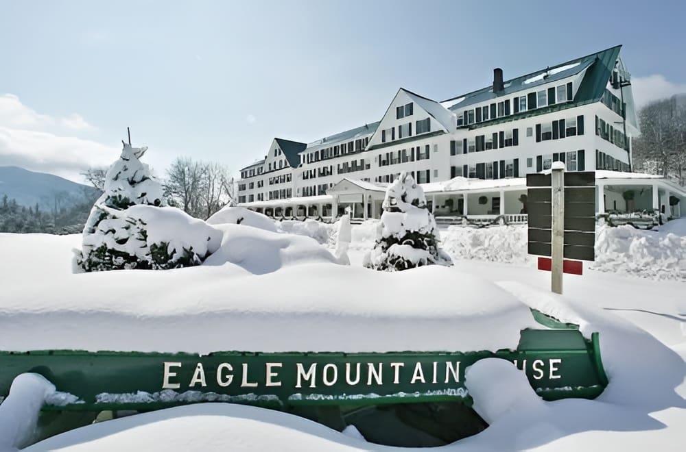 Historic hotel covered in snow