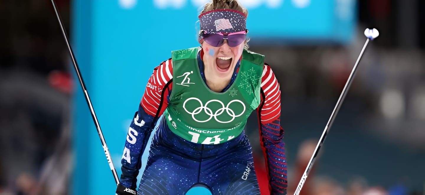 Skier celebrating Olympic victory in excitement